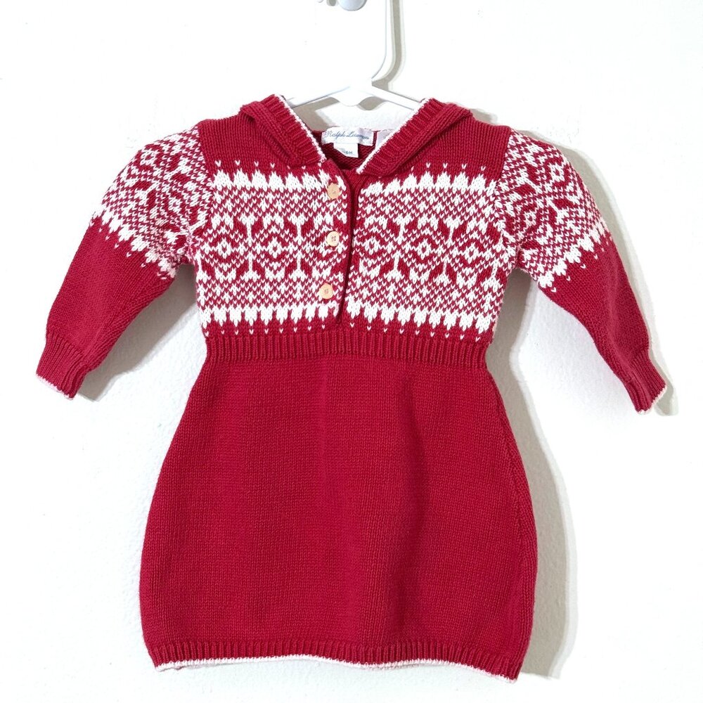 Vtg Ralph Lauren Baby Cotton Fair Isle Sweater Dress Hooded Holiday Christmas